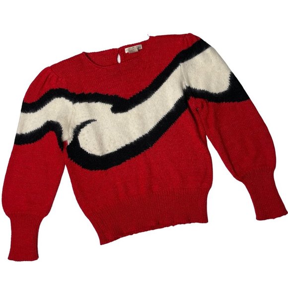Vintage Sweaters - Vintage 80s Red White Black Fuzzy Sweater Medium Long Sleeve